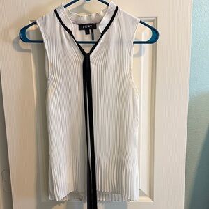 DKNY White Pleated Blouse with Black Tie